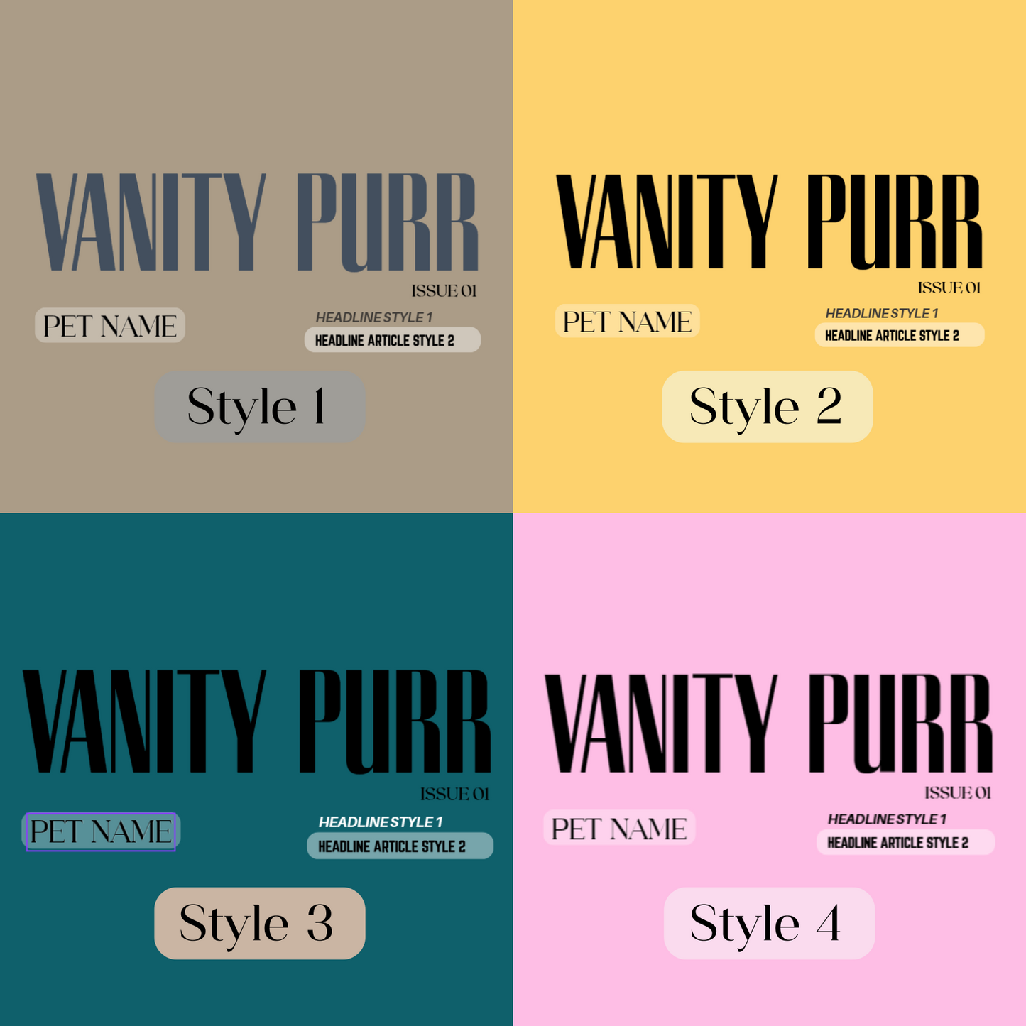 Four different styles of 'Vanity Purr' branding with text placeholders on a multicolored background.