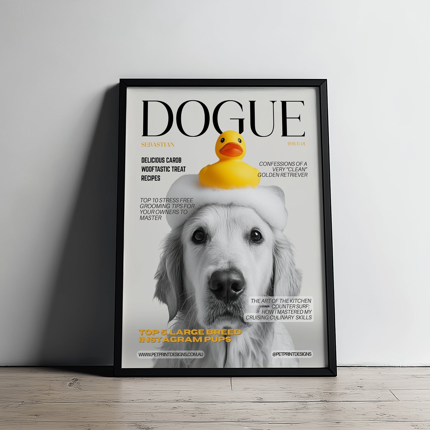 Framed magazine cover with a dog and rubber duck on a white wall