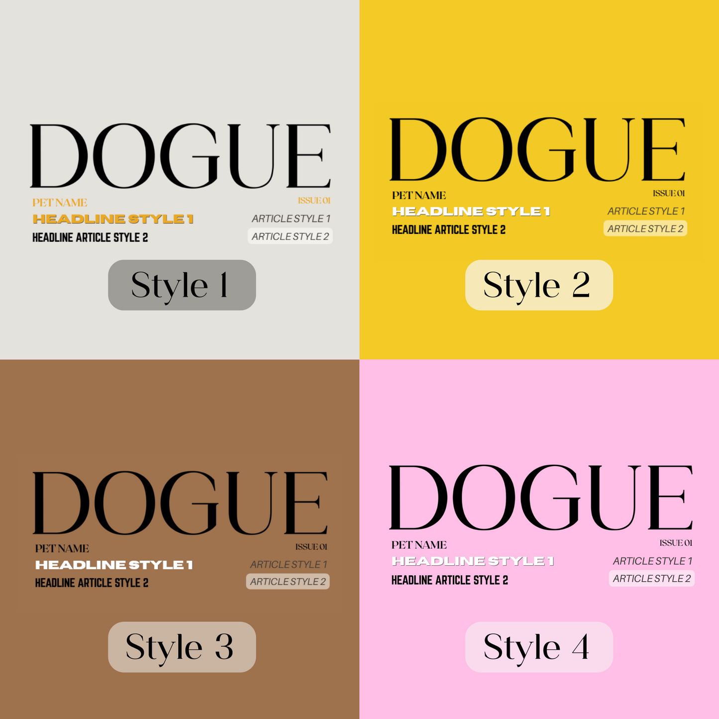 Four different styles of 'DOGUE' text on a white background