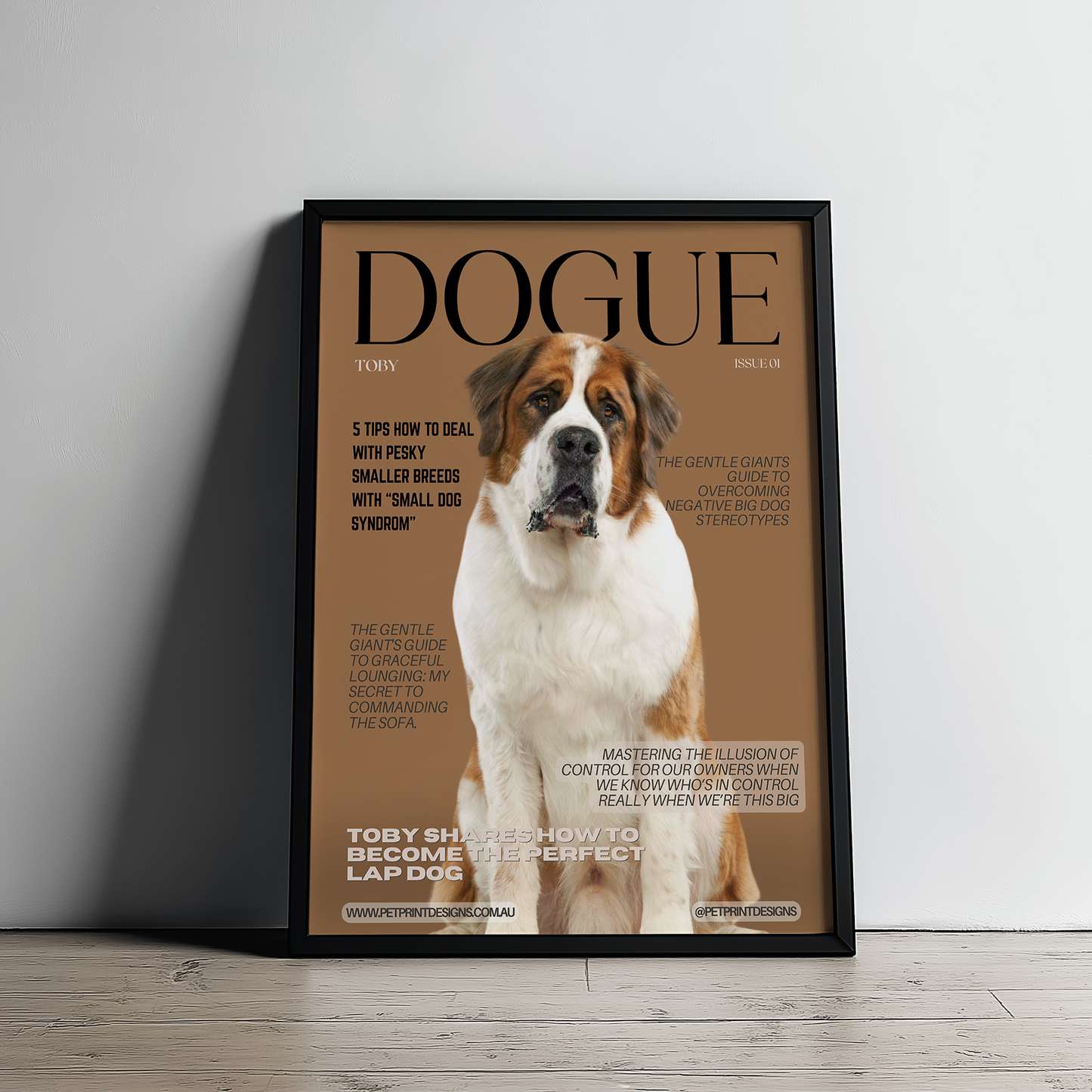 Framed poster with a dog on a brown background, titled 'Dogue'.