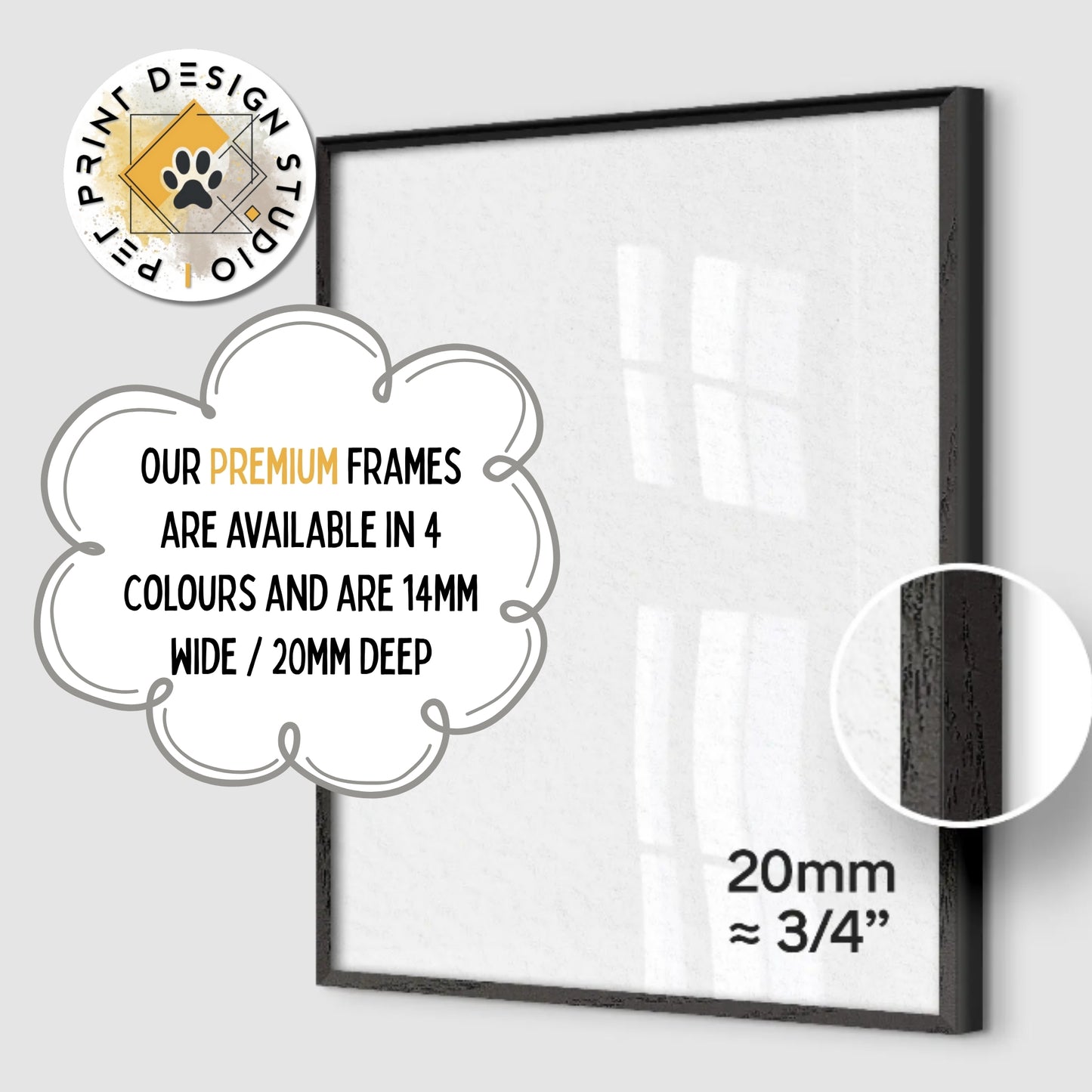 Black picture frame with text about our Premium frame dimensions which are 20mm. Black frame displayed on a white background.
