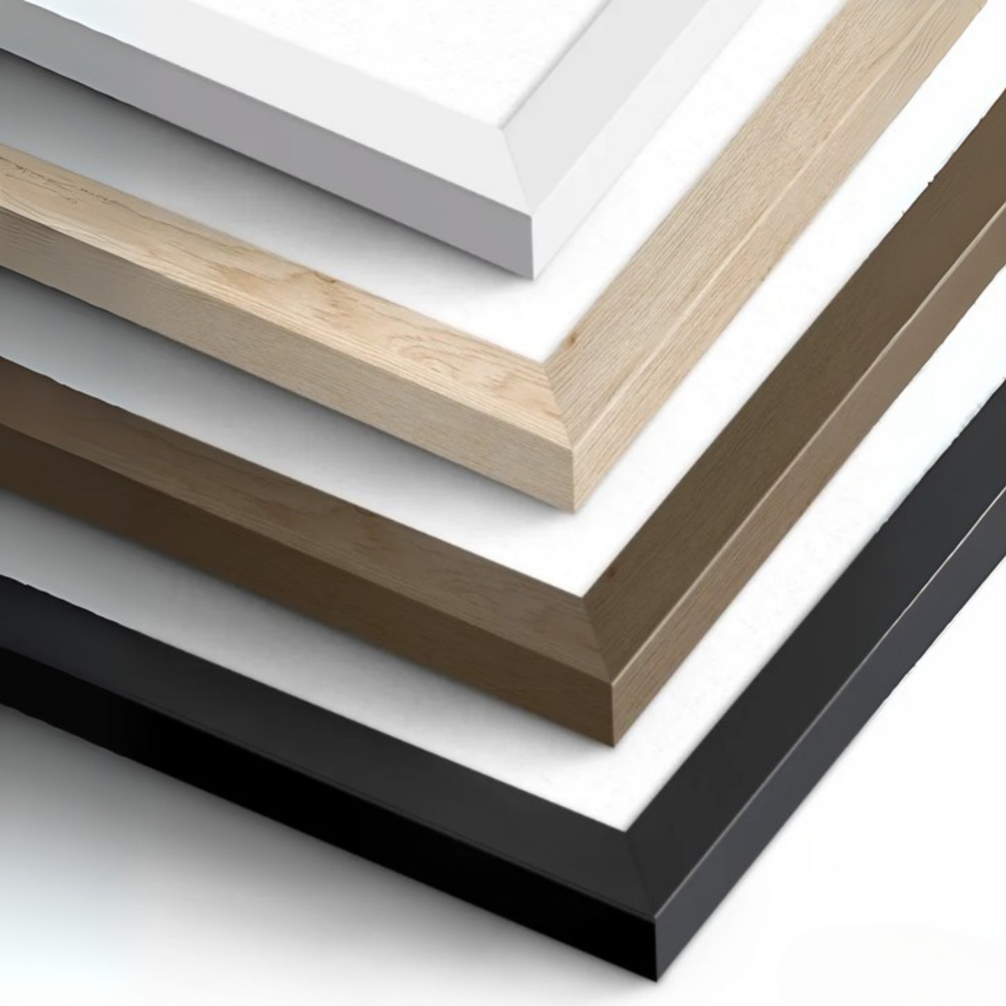 Collection of different colored picture frames on a white background