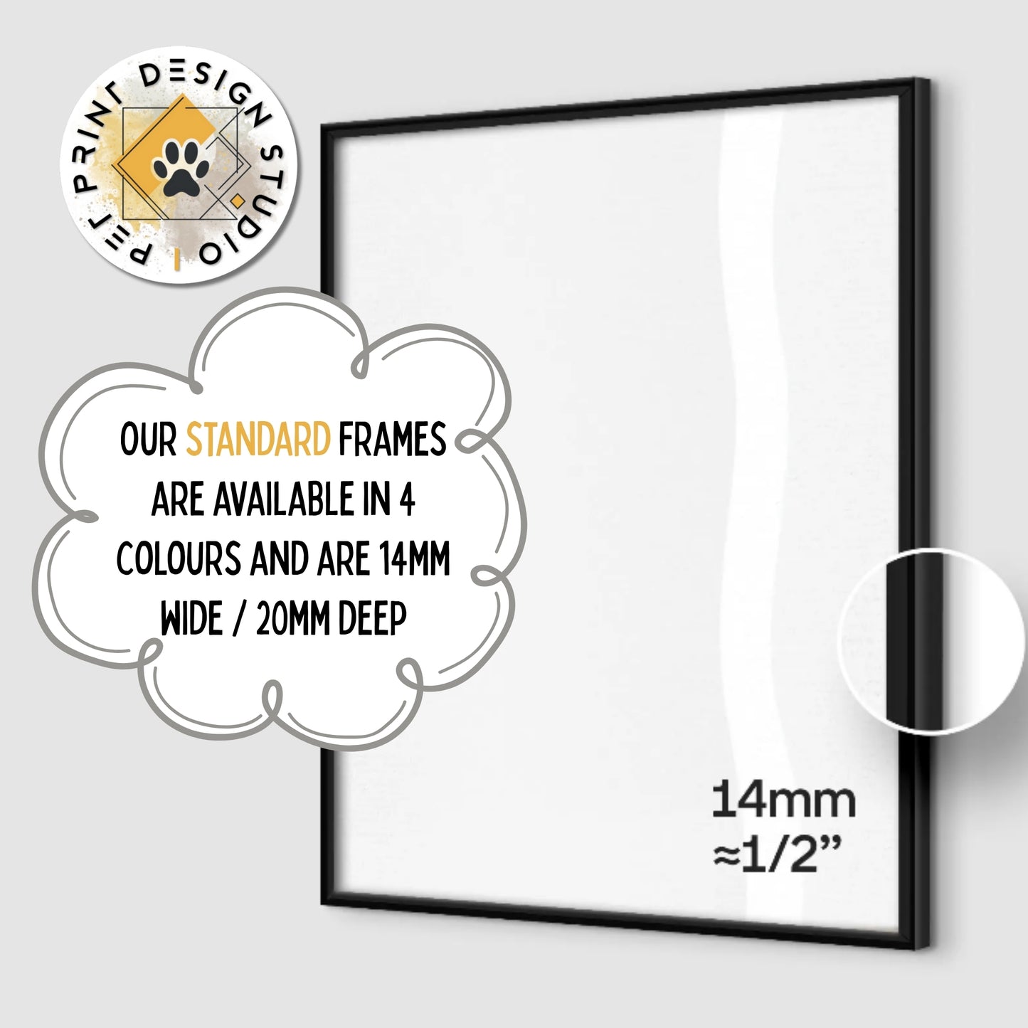 Black picture frame with text about our Standard Wooden frame dimensions which are 20mm. Black frame displayed on a white background.
