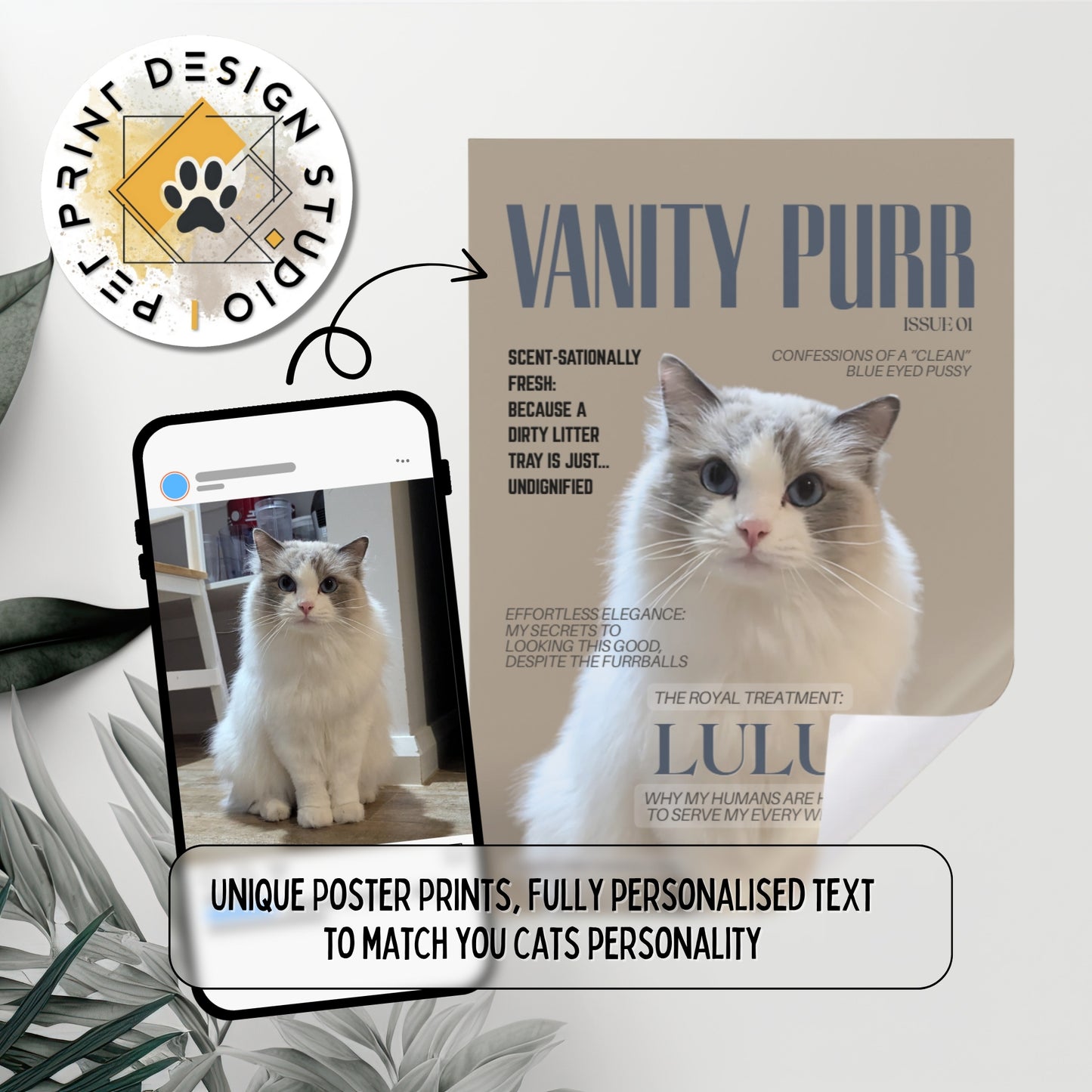 Cat-themed product with 'Vanity Purr' and 'Print Design Studio' branding, featuring a cat on a poster and packaging.