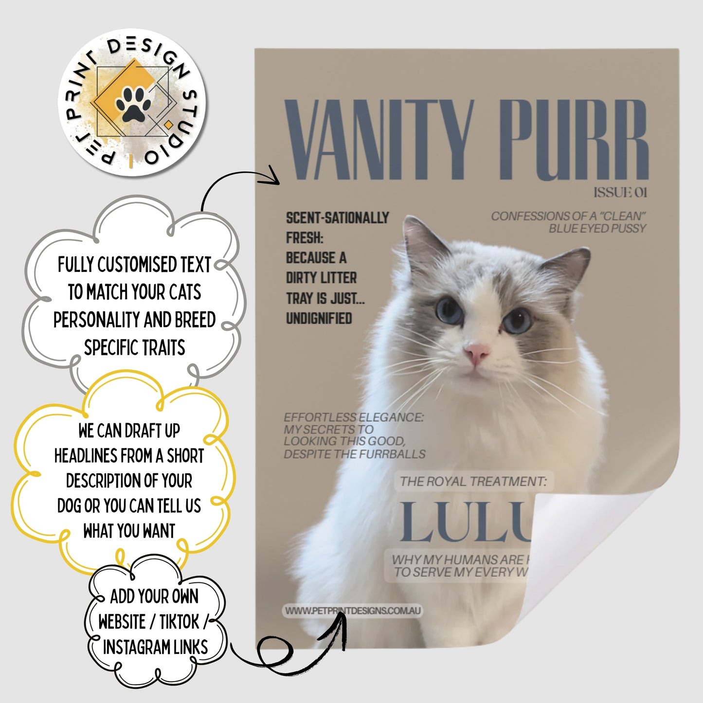 Magazine cover with a cat named Lulu and promotional text for Pet Print Design Studio.