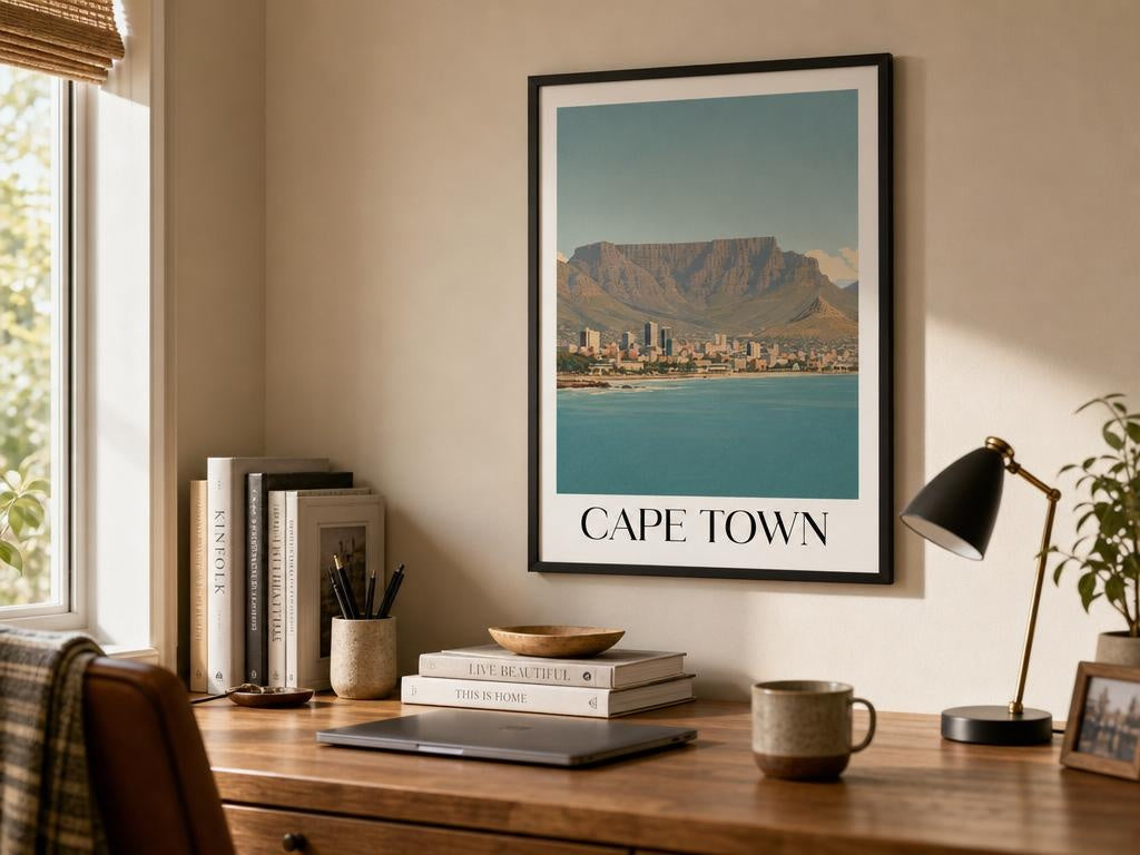 Framed poster of Cape Town on a desk with books and a lamp.