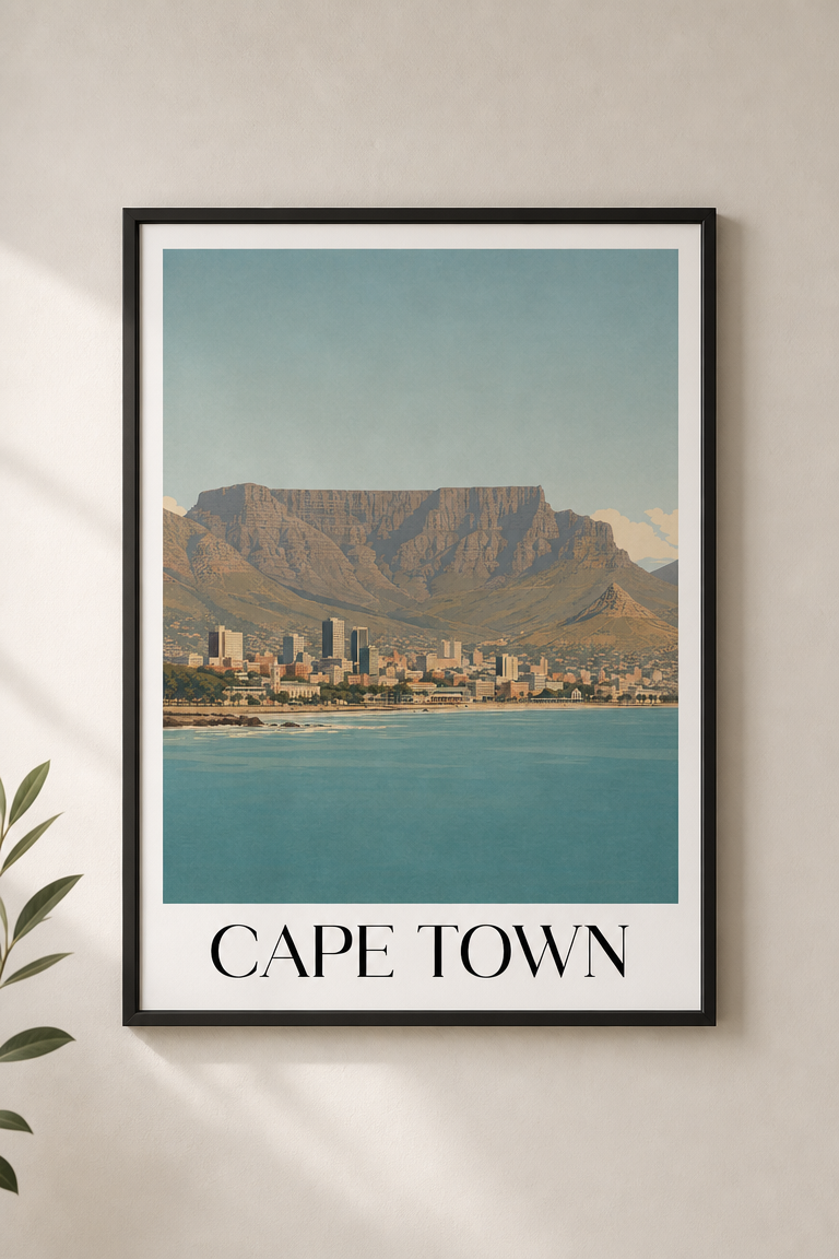 Framed artwork of Cape Town with Table Mountain and waterfront.