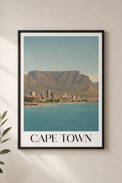 Framed artwork of Cape Town with Table Mountain and waterfront.