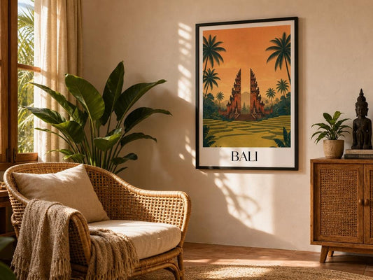 Living room with wicker chair, plants, and a 'Bali' themed wall art.