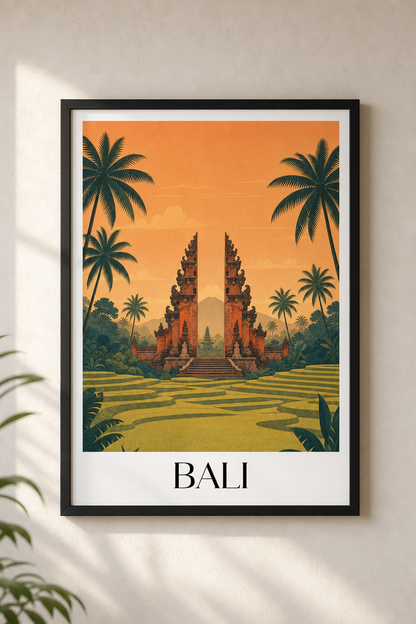 Framed artwork of Bali with temple and palm trees on an orange background