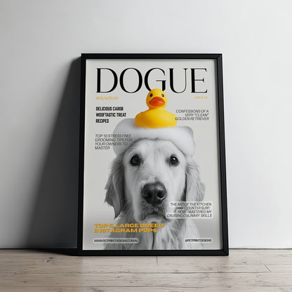 Framed magazine cover with a dog and rubber duck on a white wall