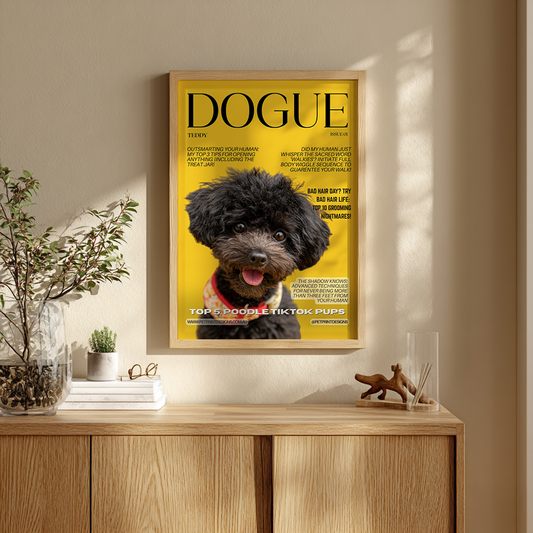 Framed magazine cover with a dog on a wooden shelf against a beige wall