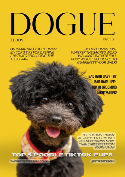 Magazine cover with a dog on a yellow background, featuring the title 'Dogue' and humorous text.