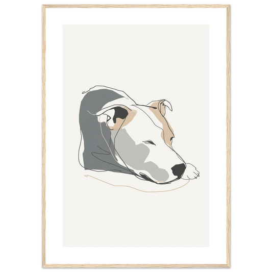 Close-up of the semi-gloss paper texture on a minimalist Staffy portrait, highlighting the quality and subtle shine with a natural wooden coloured picture frame
