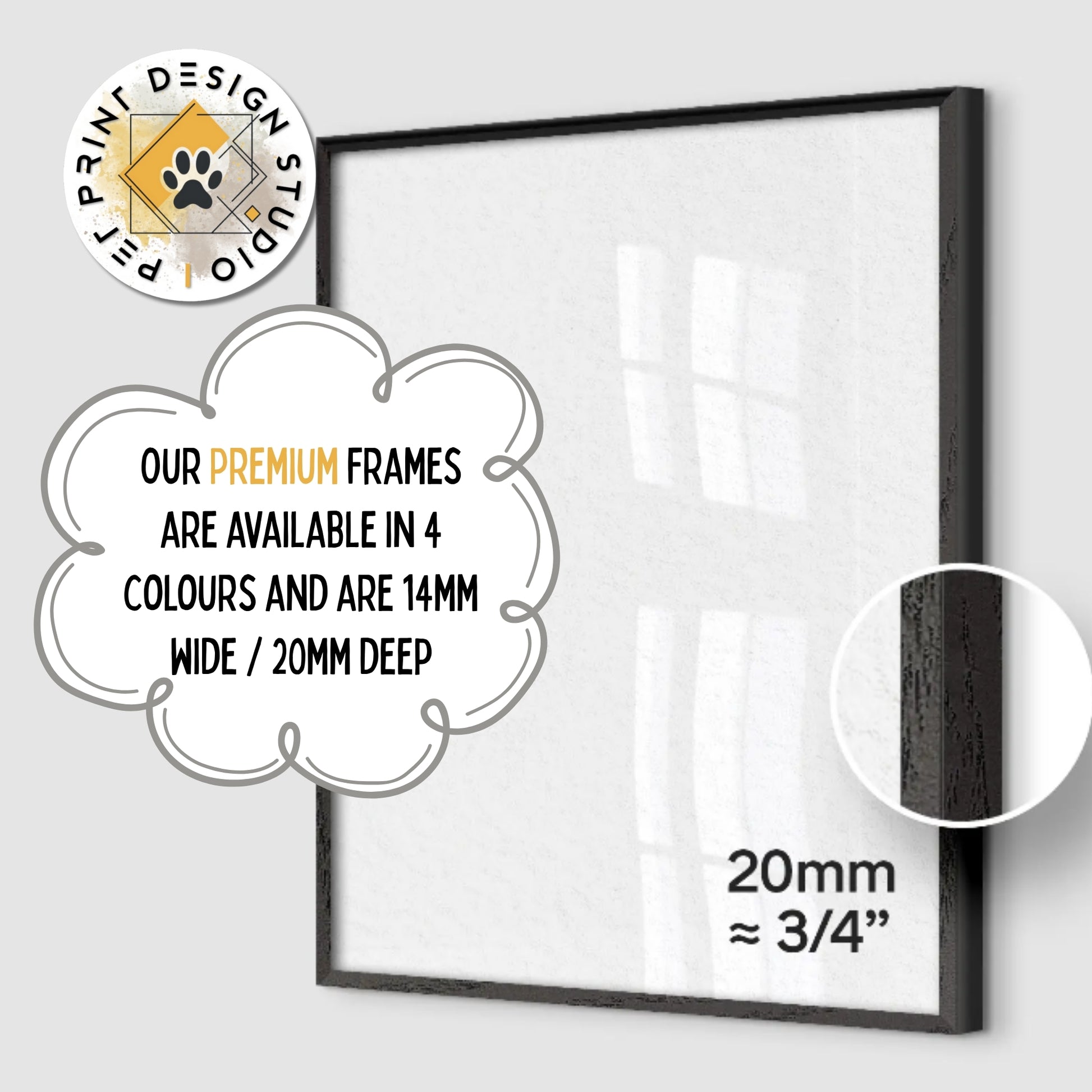 Black picture frame with text about our Premium frame dimensions which are 20mm. Black frame displayed on a white background.