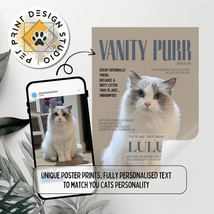 Cat-themed product with 'Vanity Purr' and 'Print Design Studio' branding, featuring a cat on a poster and packaging.
