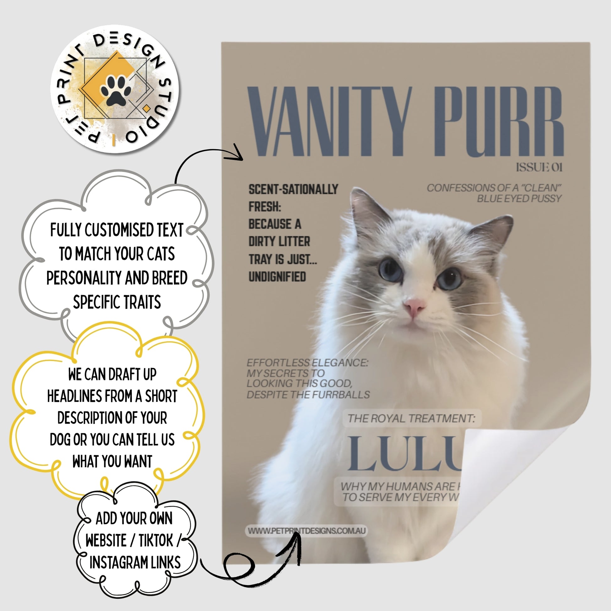 Magazine cover with a cat named Lulu and promotional text for Pet Print Design Studio.