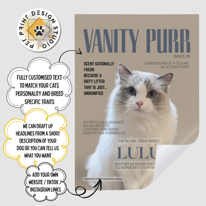 Magazine cover with a cat named Lulu and promotional text for Pet Print Design Studio.